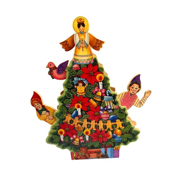 Vintage Wooden Musical Animated Christmas Tree Angel Elves Gingerbread Decor 14" - Picture 3 of 8